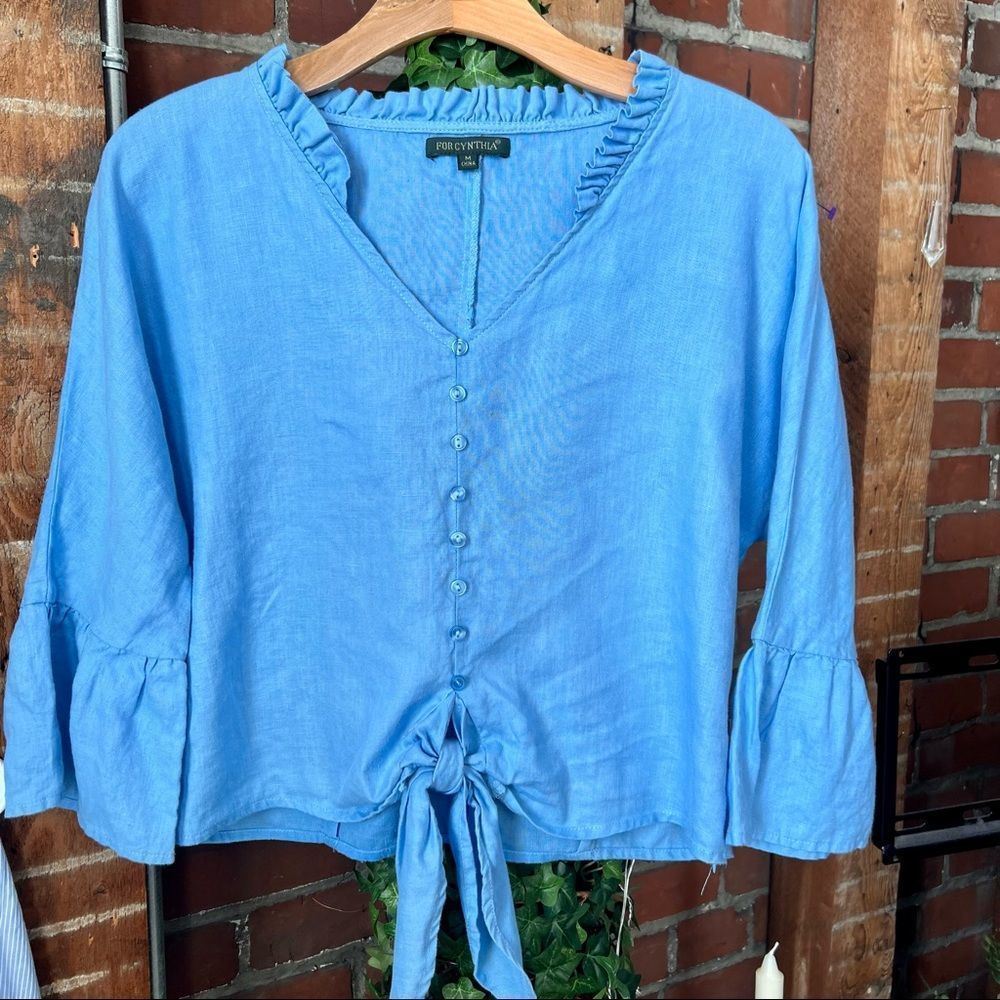 For Cynthia 100% Linen Blue Sailorcore Top S: M
